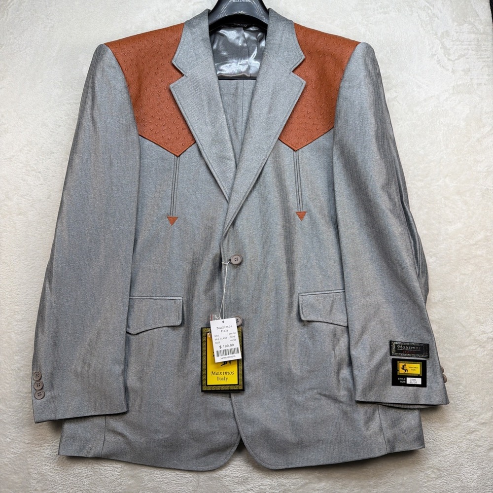 Vintage Western Suit Mens 46/38 Gray Cognac Yoke Cowboy Rodeo Deadstock NWT